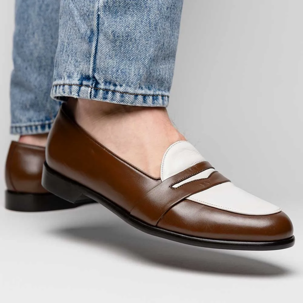 15-300-CRM ALBA Calfskin Penny Loafer, Camel/Cream