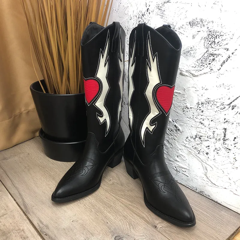 2023 new High Quality pointed toe thick heel color matching embroidery Cowgirl Boots