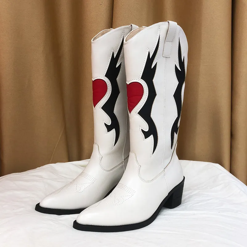 2023 new High Quality pointed toe thick heel color matching embroidery Cowgirl Boots