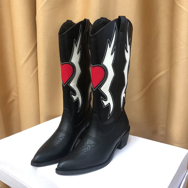 2023 new High Quality pointed toe thick heel color matching embroidery Cowgirl Boots