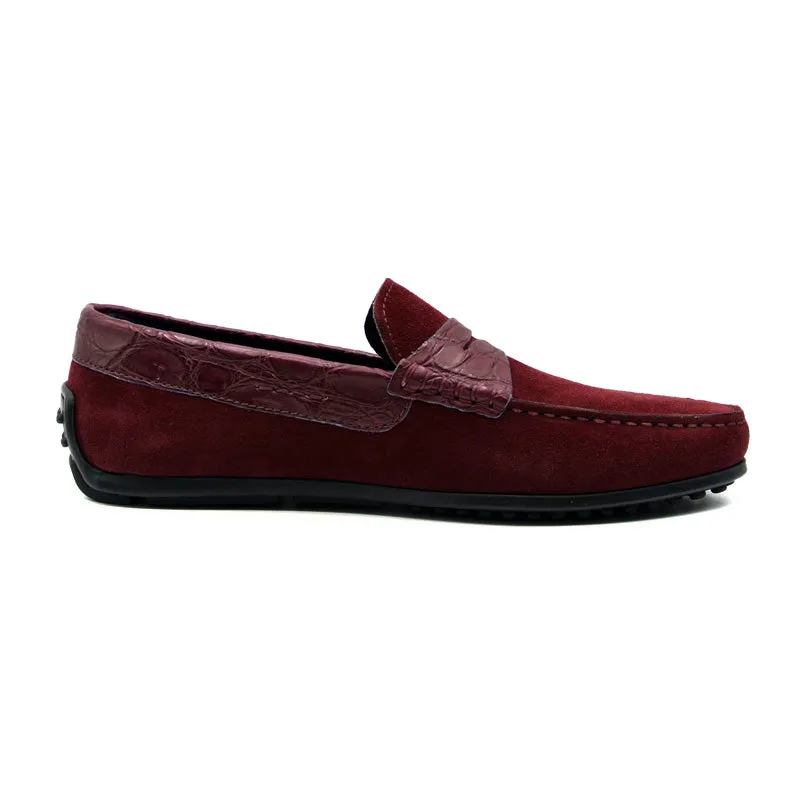 31-160-BDX MONZA Sueded Calfskin with Crocodile Driver, Bordeaux