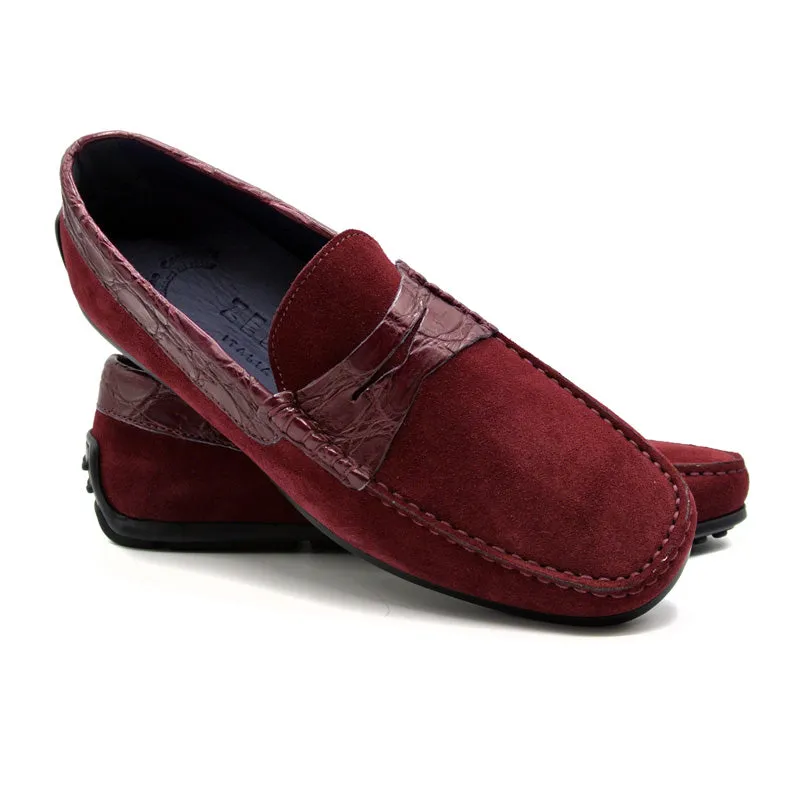 31-160-BDX MONZA Sueded Calfskin with Crocodile Driver, Bordeaux