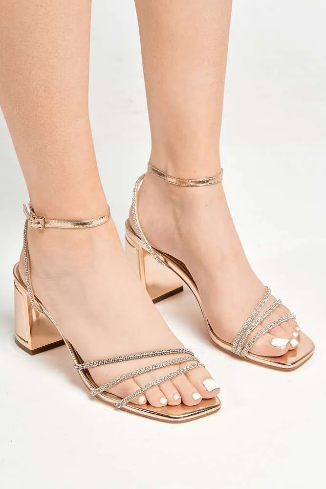 Alyanna Diamante Embellished Metallic Trim Block Heel Sandals in Gold