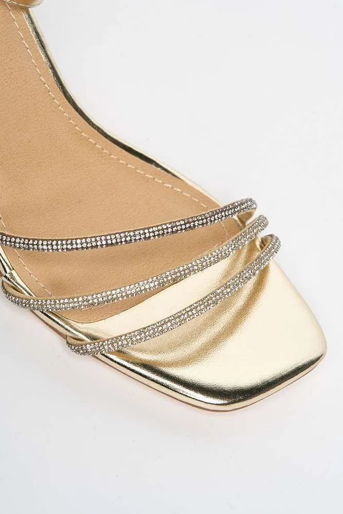 Alyanna Diamante Embellished Metallic Trim Block Heel Sandals in Gold