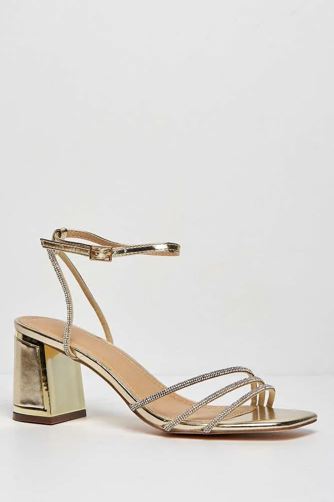 Alyanna Diamante Embellished Metallic Trim Block Heel Sandals in Gold