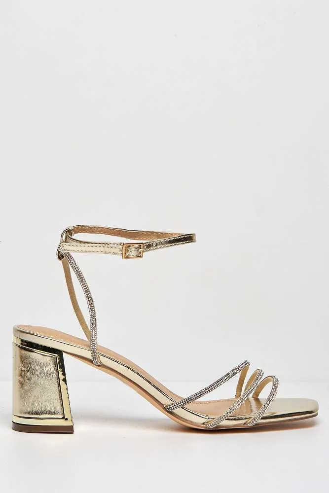 Alyanna Diamante Embellished Metallic Trim Block Heel Sandals in Gold