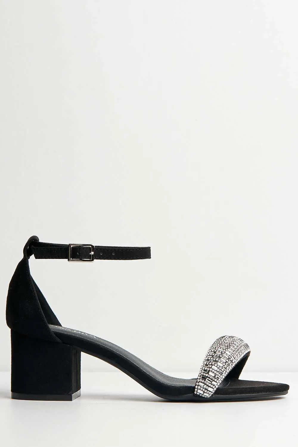 Ashley Low Block Heel Diamante Sandal in Black Suede