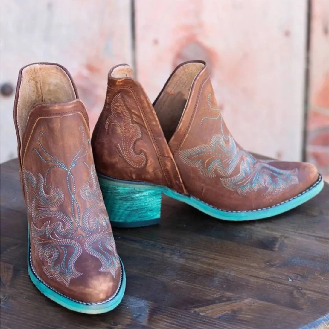 Brown Cowgirl Booties With Patina Soles Or Choose Black With Black Western Embroidery Pattern Slip On Shorty Cowboy Boots For Ladies In Vegan Leather