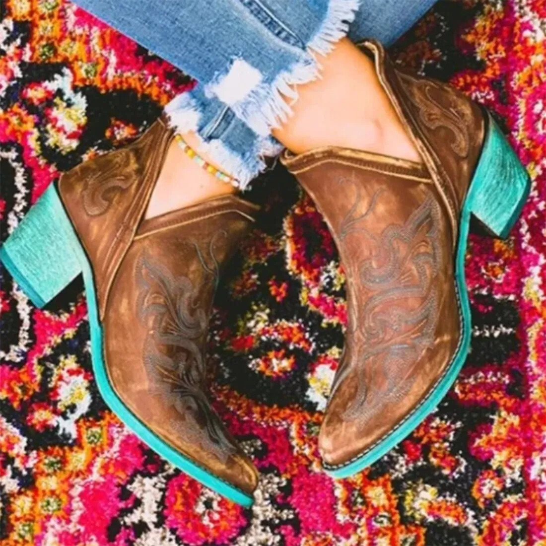 Brown Cowgirl Booties With Patina Soles Or Choose Black With Black Western Embroidery Pattern Slip On Shorty Cowboy Boots For Ladies In Vegan Leather