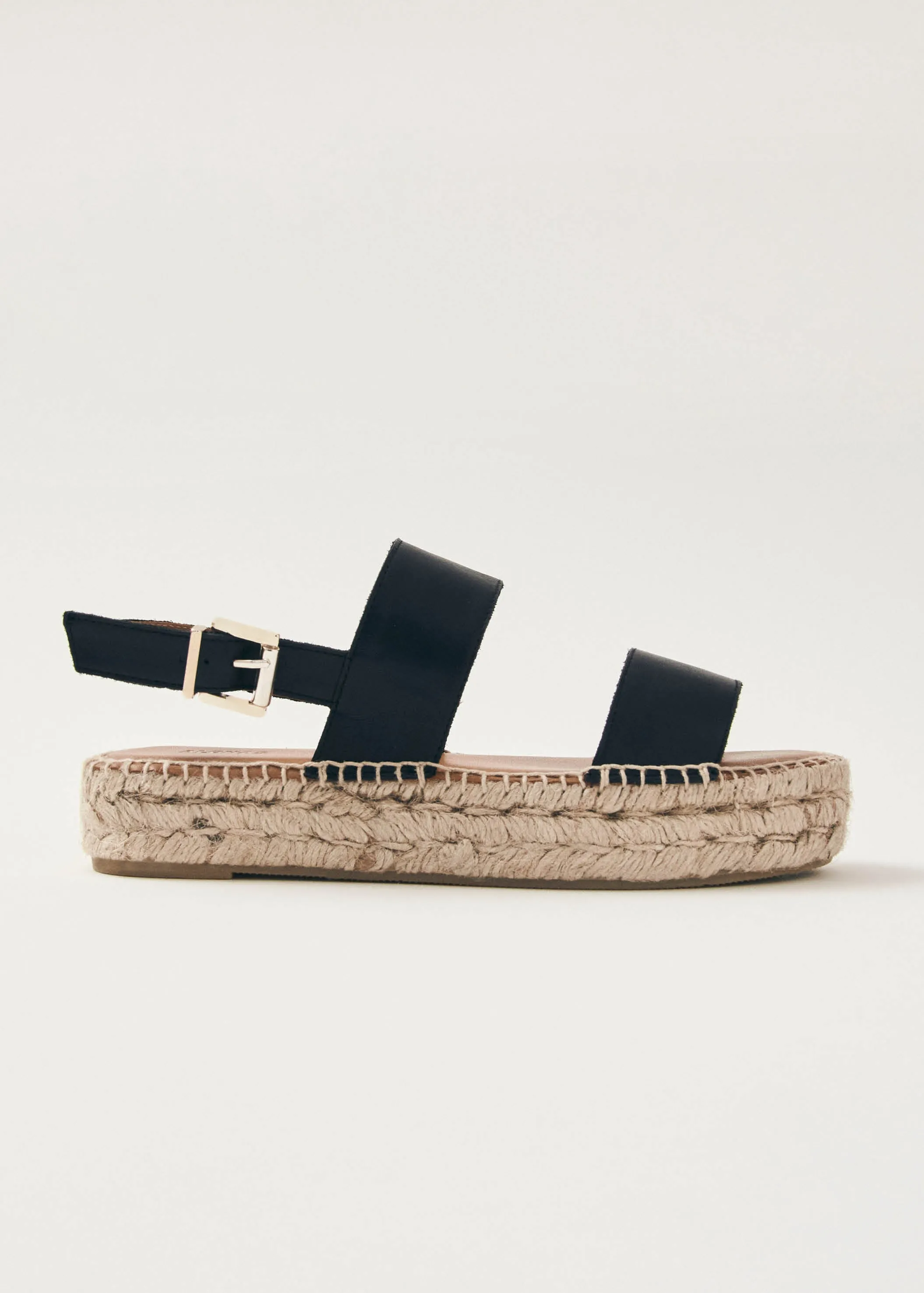 Double Strap Black Leather Espadrilles