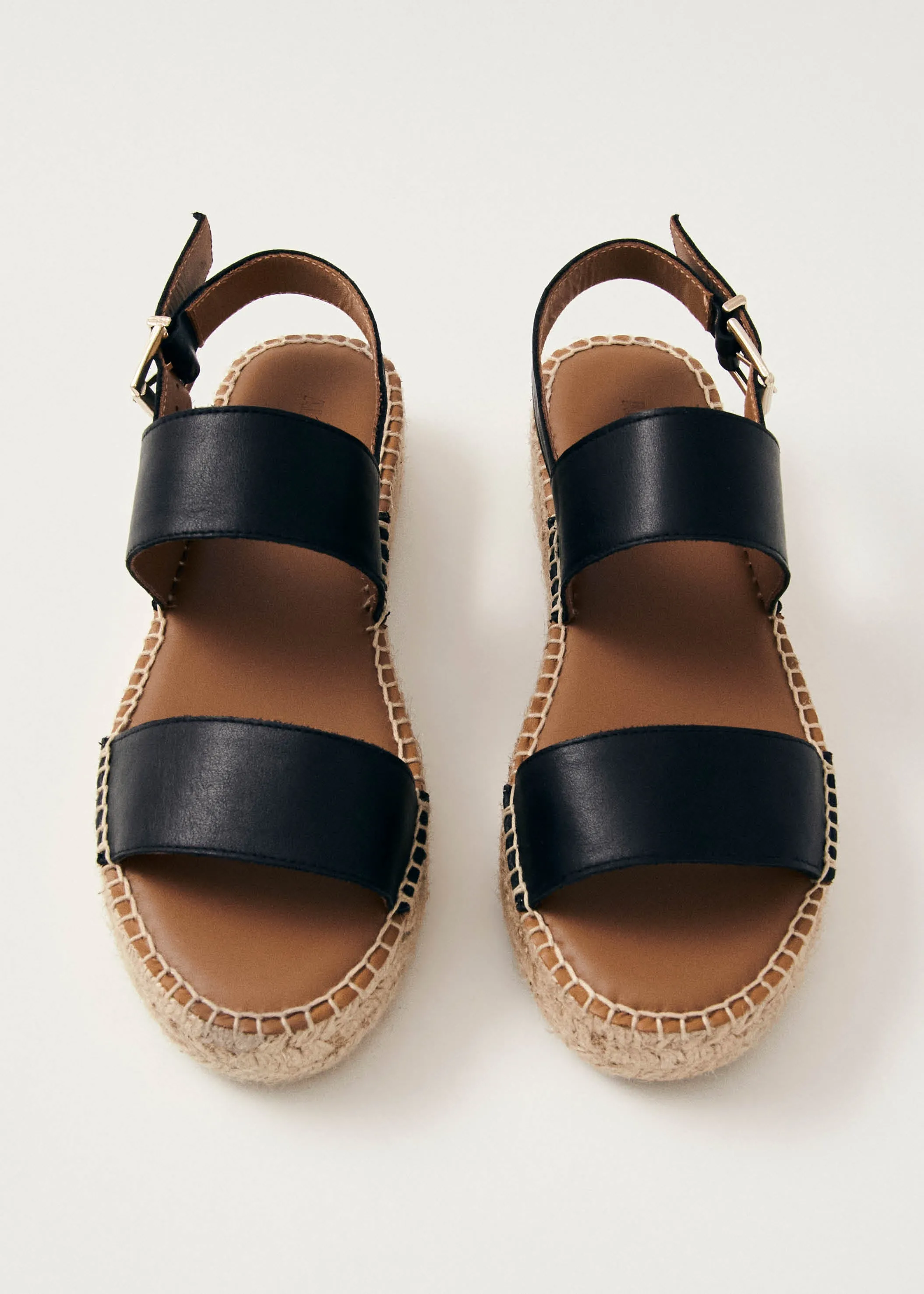 Double Strap Black Leather Espadrilles