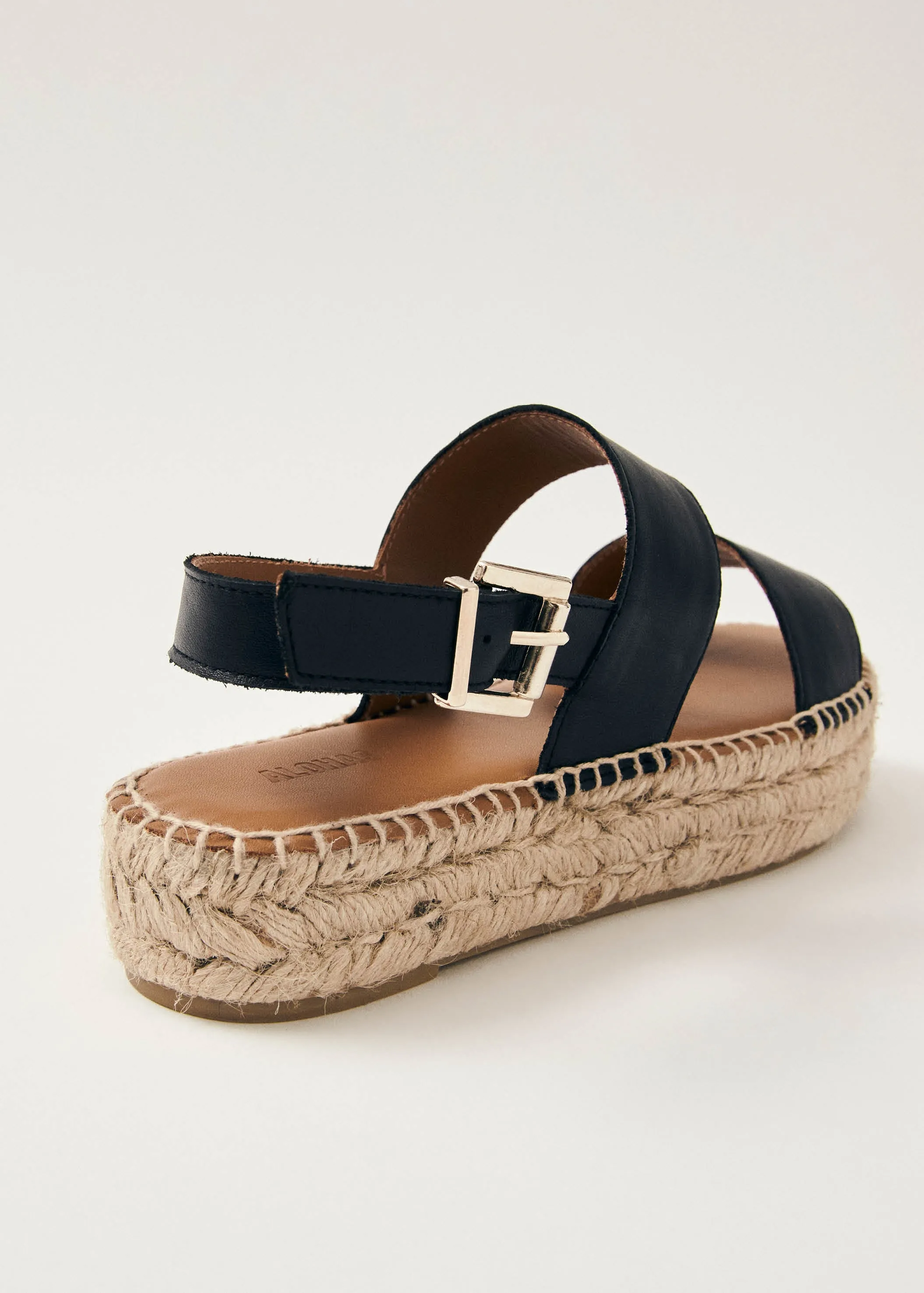 Double Strap Black Leather Espadrilles