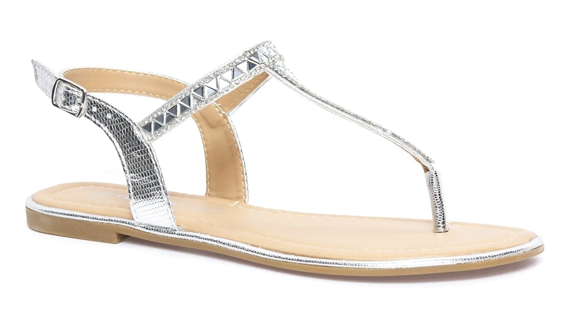 Eli Toepost T-Bar Triangle Diamante Sandal in Silver