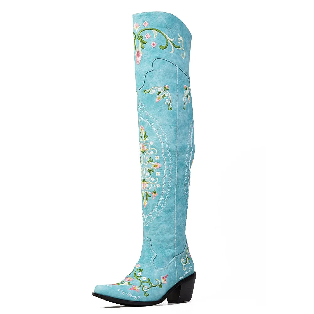 Embroidered Over The Knee Ladies Cowboy Boots Patina Black Or Off White Vegan Leather Dark Light Or Black Denim Western Cowgirl Floral Embroidery Sizes 4 - 13