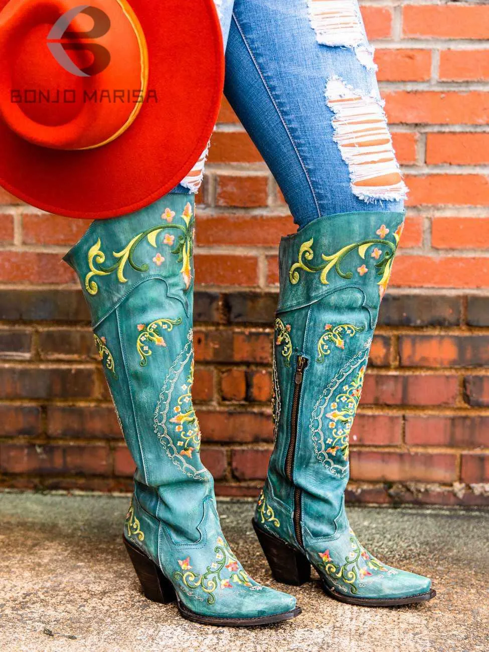 Embroidered Over The Knee Ladies Cowboy Boots Patina Black Or Off White Vegan Leather Dark Light Or Black Denim Western Cowgirl Floral Embroidery Sizes 4 - 13