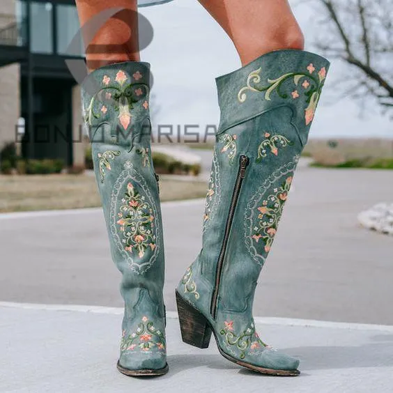 Embroidered Over The Knee Ladies Cowboy Boots Patina Black Or Off White Vegan Leather Dark Light Or Black Denim Western Cowgirl Floral Embroidery Sizes 4 - 13