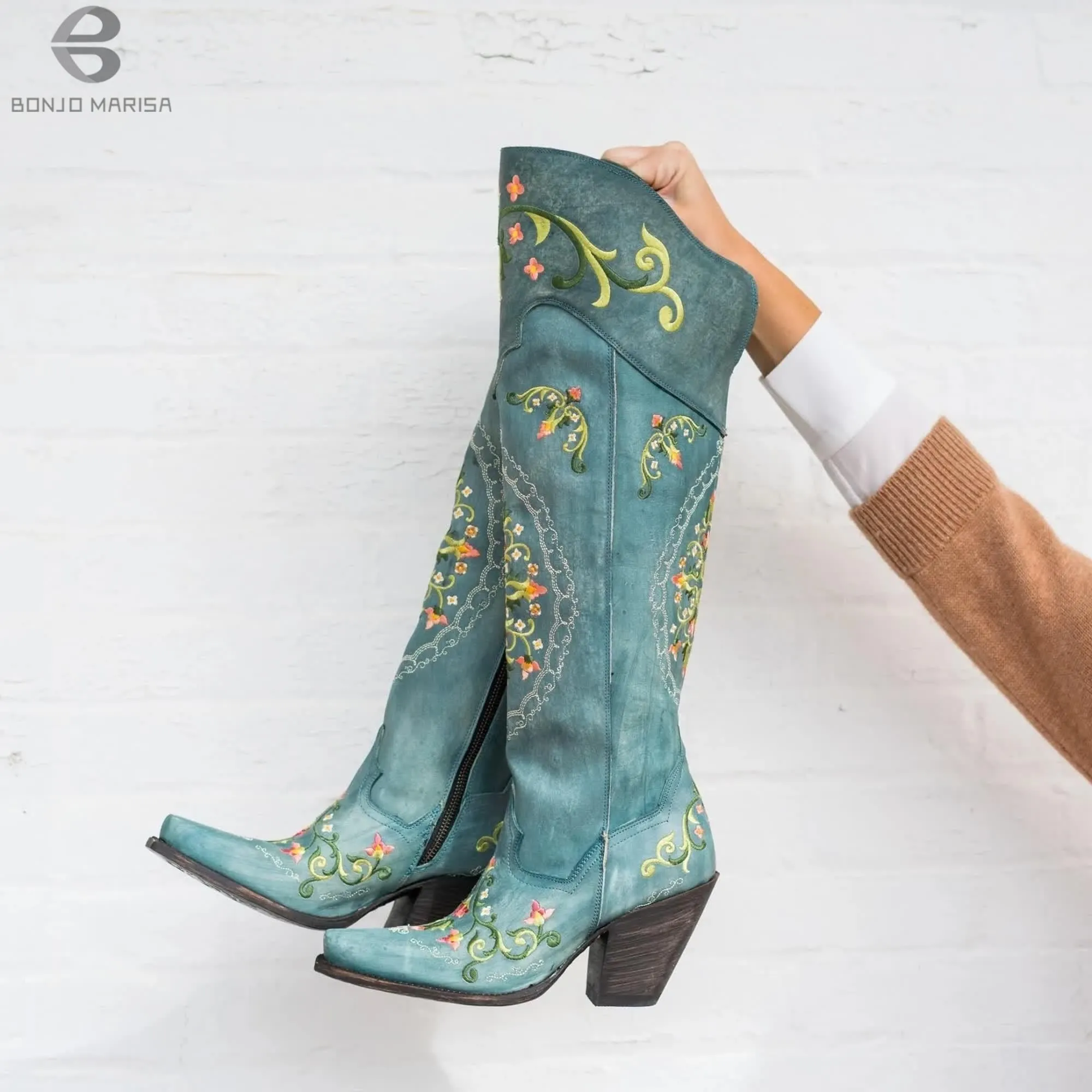 Embroidered Over The Knee Ladies Cowboy Boots Patina Black Or Off White Vegan Leather Dark Light Or Black Denim Western Cowgirl Floral Embroidery Sizes 4 - 13