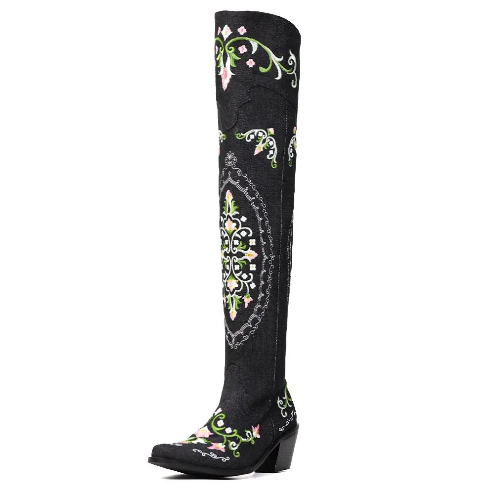 Embroidered Over The Knee Ladies Cowboy Boots Patina Black Or Off White Vegan Leather Dark Light Or Black Denim Western Cowgirl Floral Embroidery Sizes 4 - 13