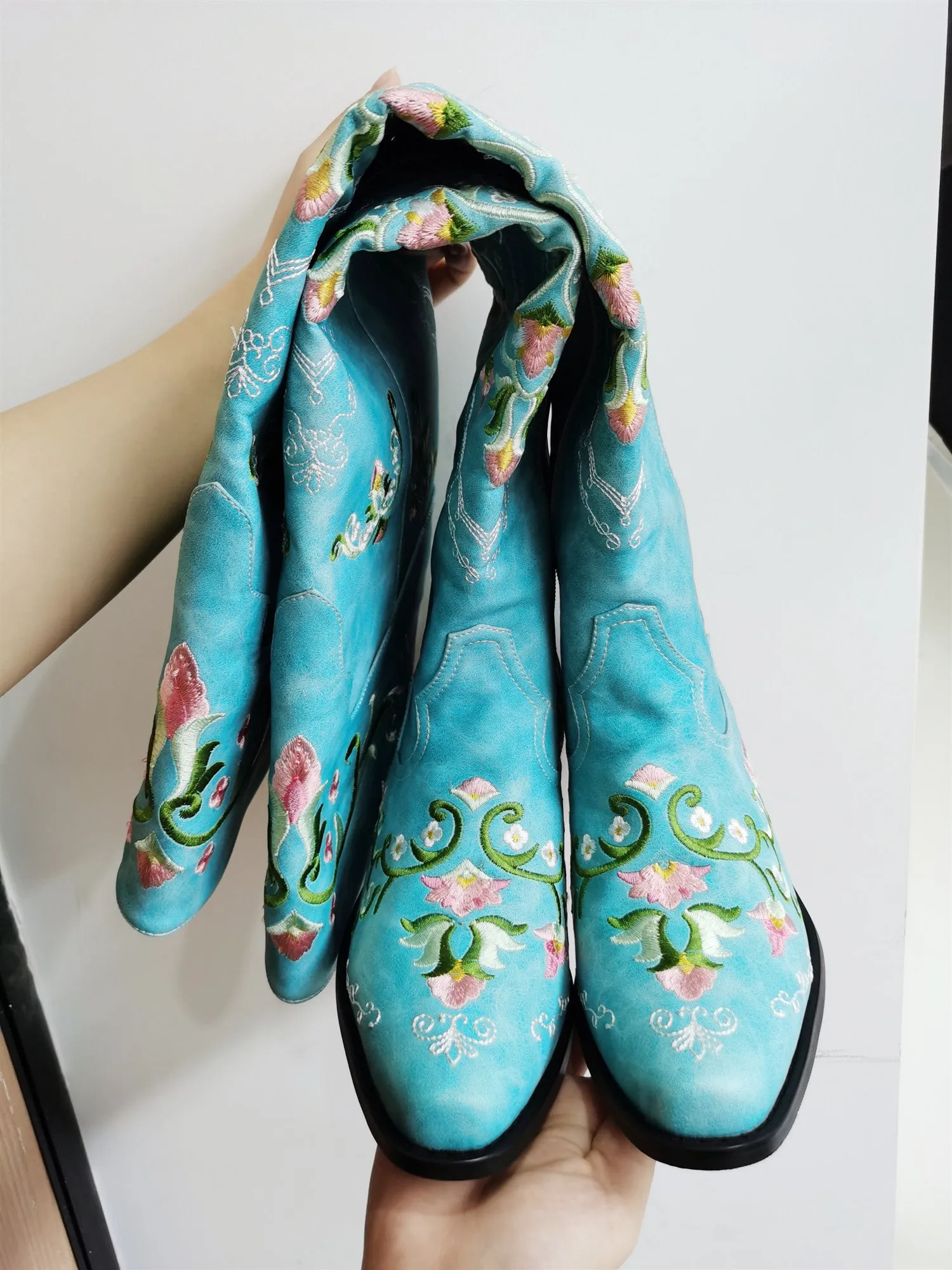 Embroidered Over The Knee Ladies Cowboy Boots Patina Black Or Off White Vegan Leather Dark Light Or Black Denim Western Cowgirl Floral Embroidery Sizes 4 - 13