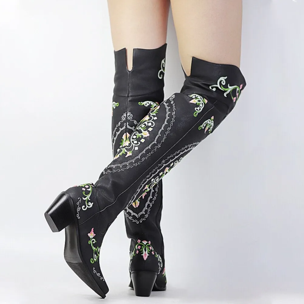 Embroidered Over The Knee Ladies Cowboy Boots Patina Black Or Off White Vegan Leather Dark Light Or Black Denim Western Cowgirl Floral Embroidery Sizes 4 - 13