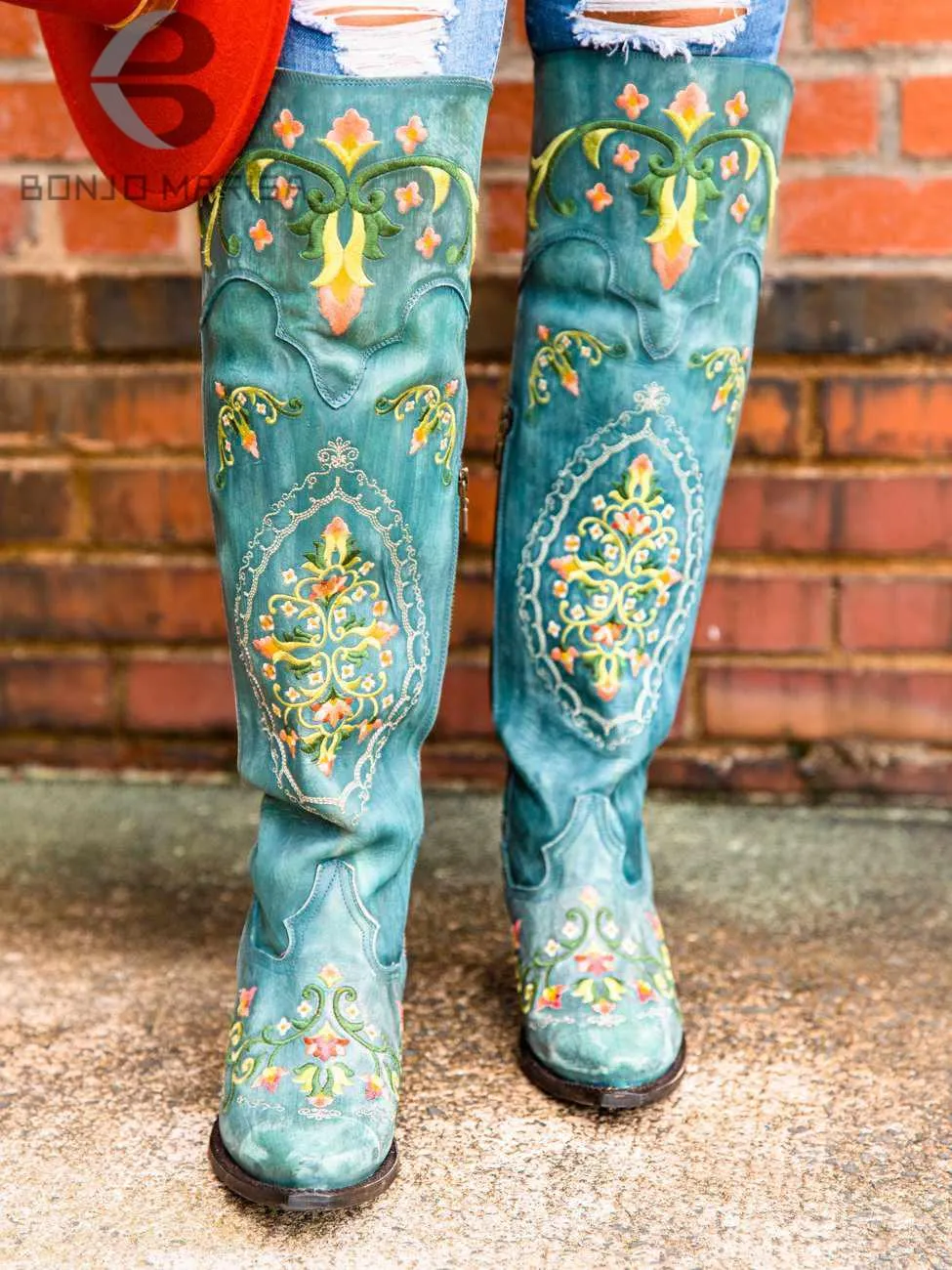 Embroidered Over The Knee Ladies Cowboy Boots Patina Black Or Off White Vegan Leather Dark Light Or Black Denim Western Cowgirl Floral Embroidery Sizes 4 - 13