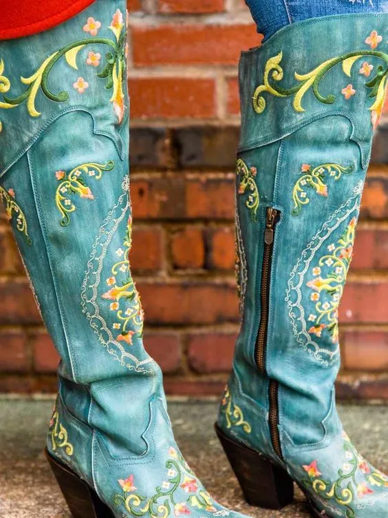 Embroidered Over The Knee Ladies Cowboy Boots Patina Black Or Off White Vegan Leather Dark Light Or Black Denim Western Cowgirl Floral Embroidery Sizes 4 - 13