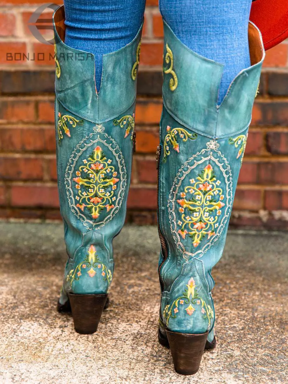 Embroidered Over The Knee Ladies Cowboy Boots Patina Black Or Off White Vegan Leather Dark Light Or Black Denim Western Cowgirl Floral Embroidery Sizes 4 - 13