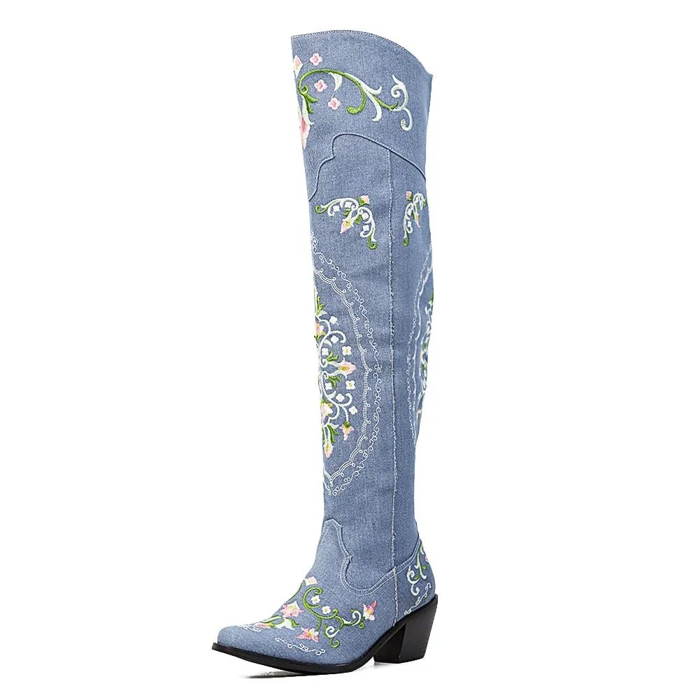 Embroidered Over The Knee Ladies Cowboy Boots Patina Black Or Off White Vegan Leather Dark Light Or Black Denim Western Cowgirl Floral Embroidery Sizes 4 - 13