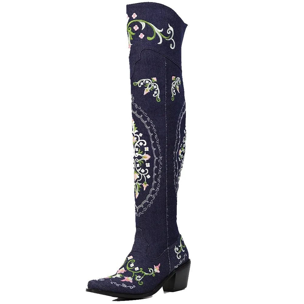 Embroidered Over The Knee Ladies Cowboy Boots Patina Black Or Off White Vegan Leather Dark Light Or Black Denim Western Cowgirl Floral Embroidery Sizes 4 - 13