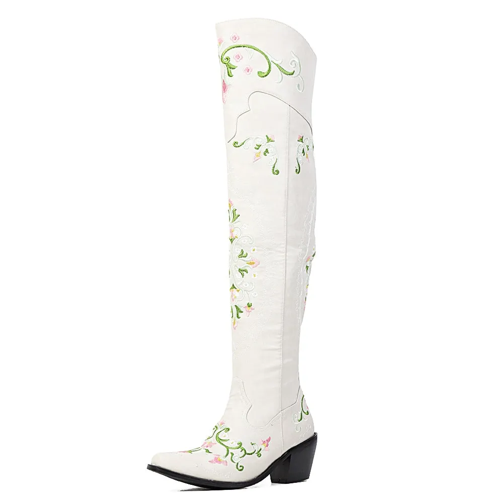 Embroidered Over The Knee Ladies Cowboy Boots Patina Black Or Off White Vegan Leather Dark Light Or Black Denim Western Cowgirl Floral Embroidery Sizes 4 - 13