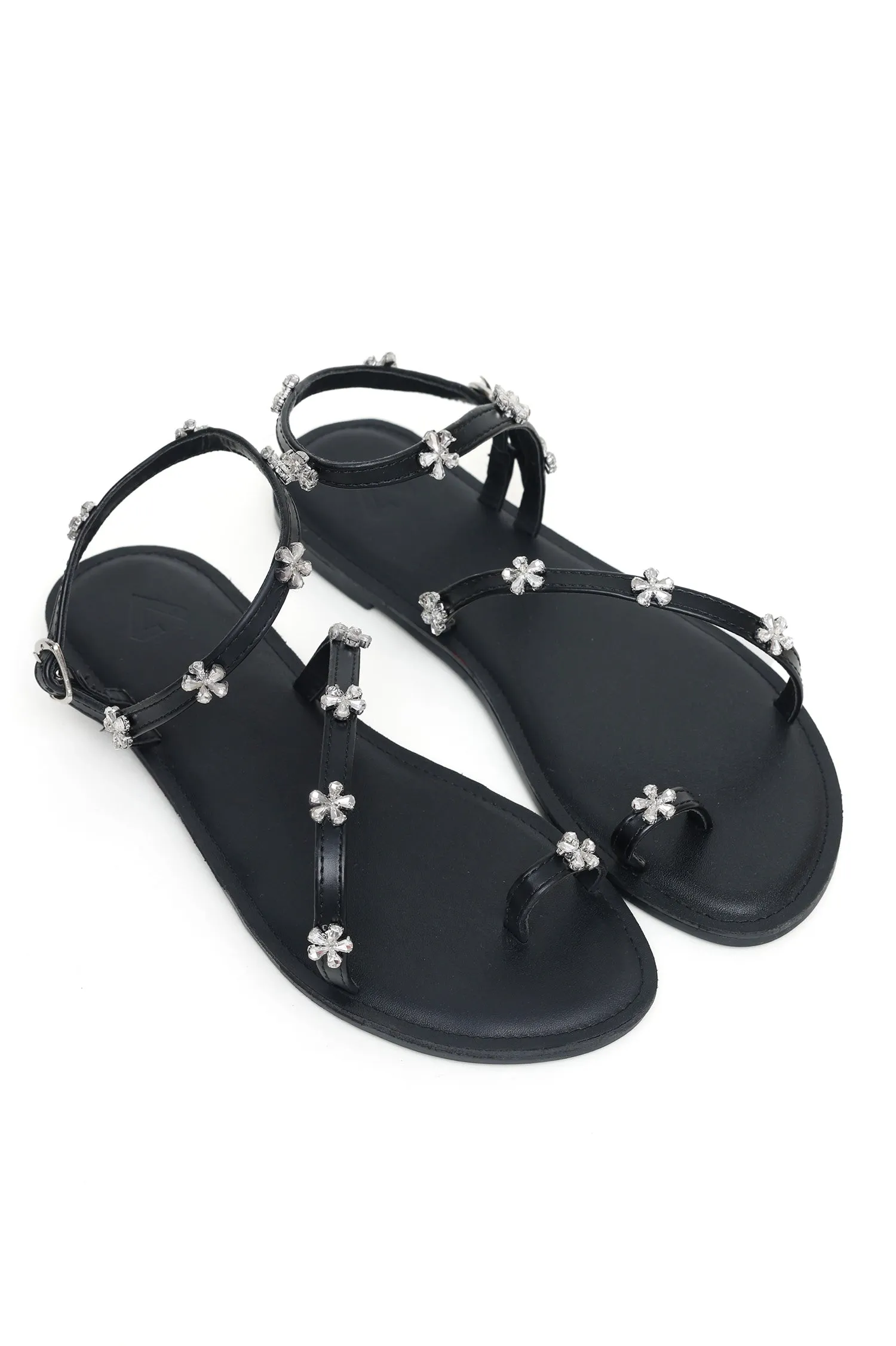 GLAMOUR FLORAL STRAPPY SANDALS-BLACK