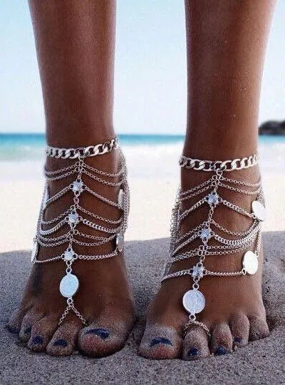 Gypsy Barefoot Sandals Silver Coins & Chains Bohemian Festival Footwear Belly Dancer Jewelry One Piece Sold Seperately