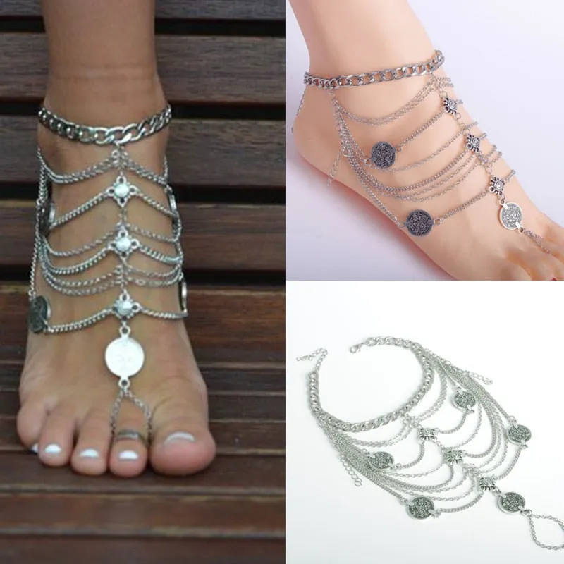 Gypsy Barefoot Sandals Silver Coins & Chains Bohemian Festival Footwear Belly Dancer Jewelry One Piece Sold Seperately