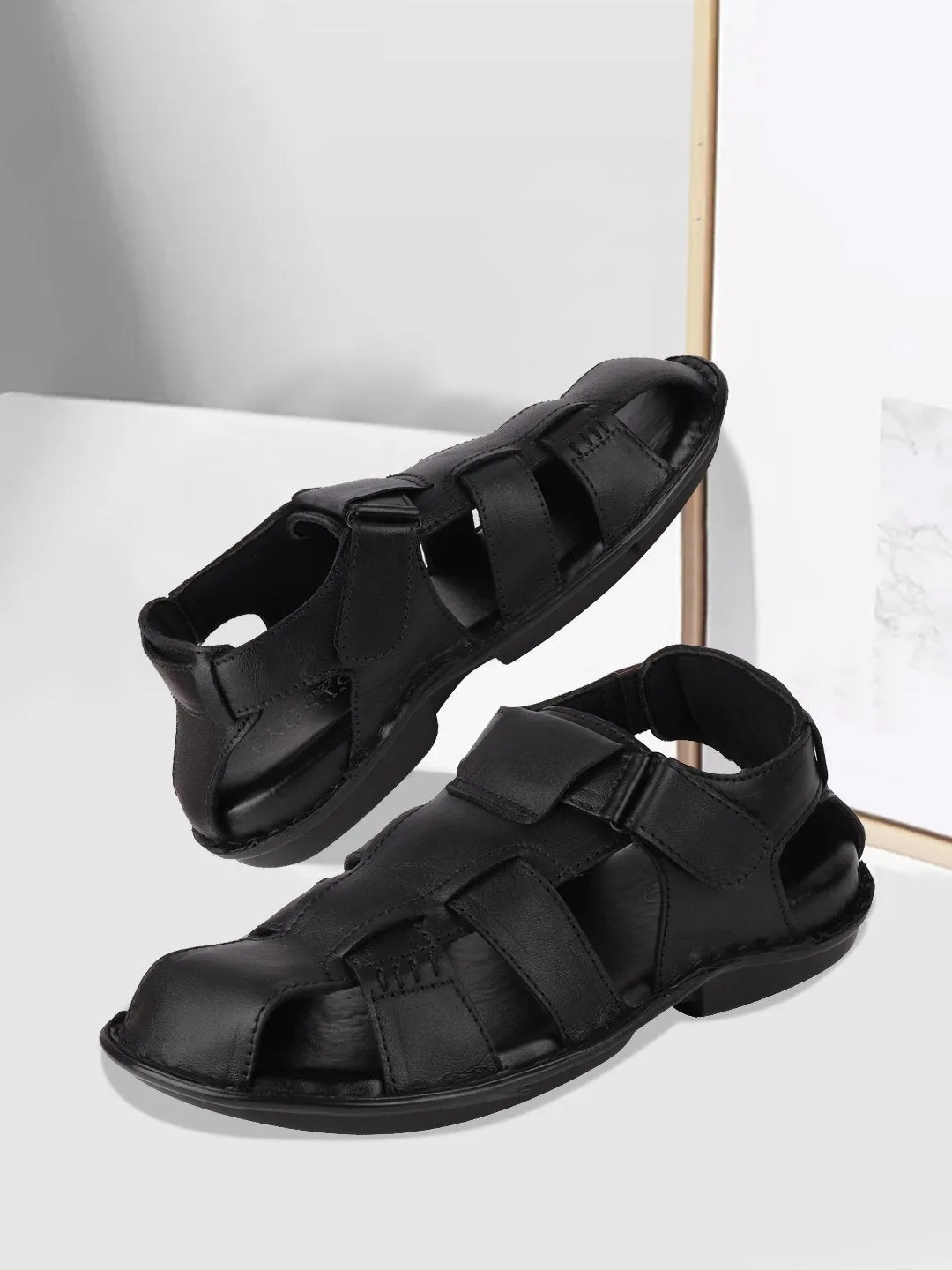 Men Black Formal Leather Hook & Loop Flat Sandals