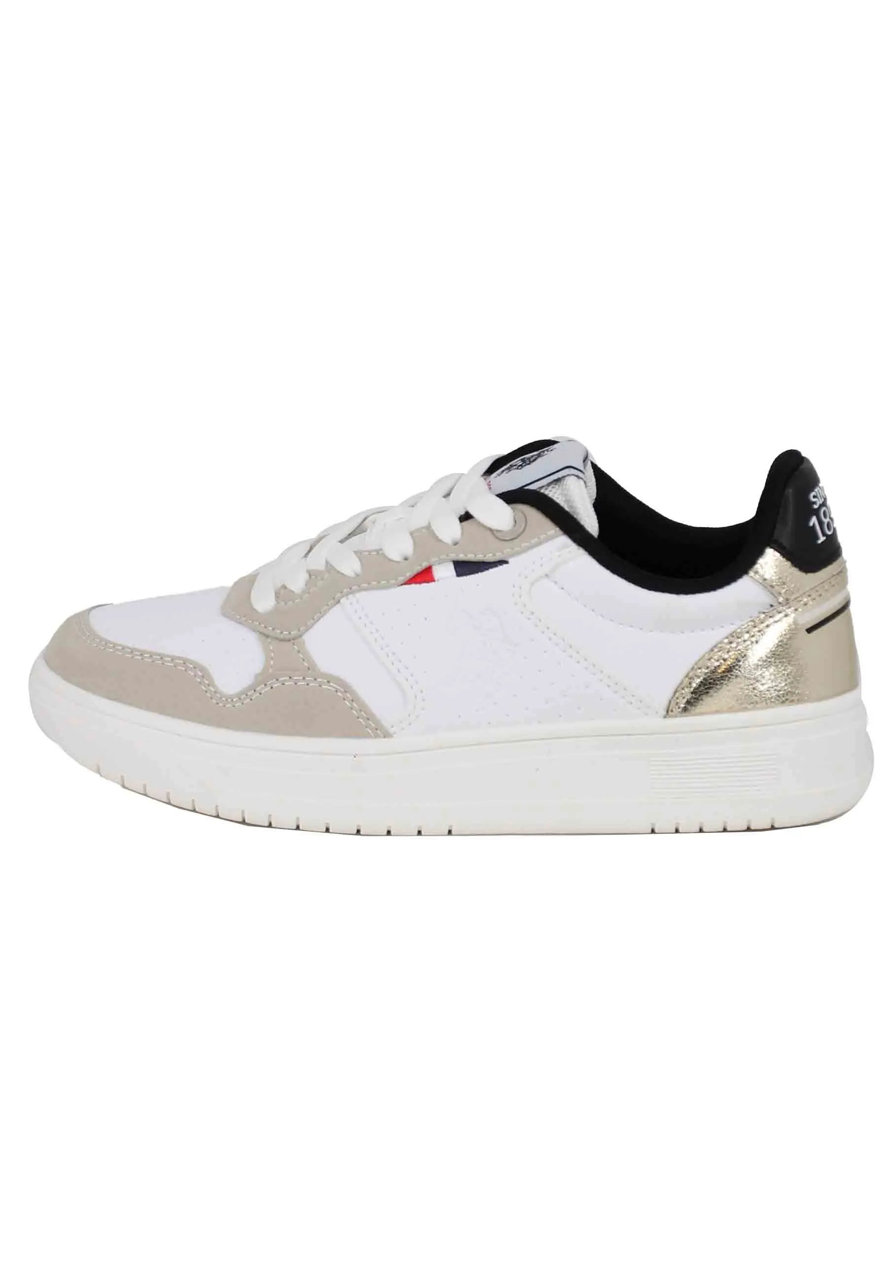 Sneakers donna in eco pelle vintage bianco e oro