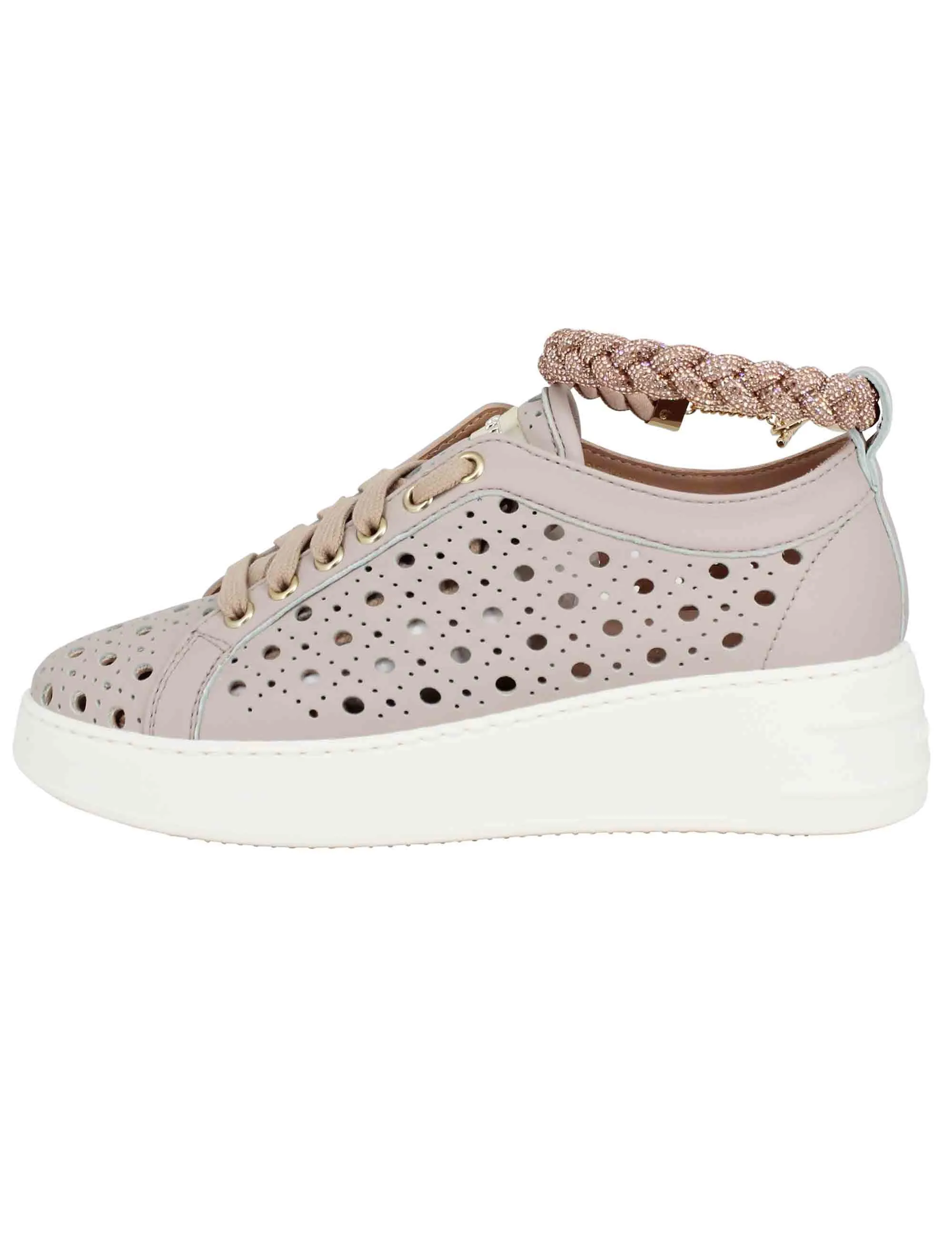 Sneakers donna in pelle forata taupe con cavigliera in strass