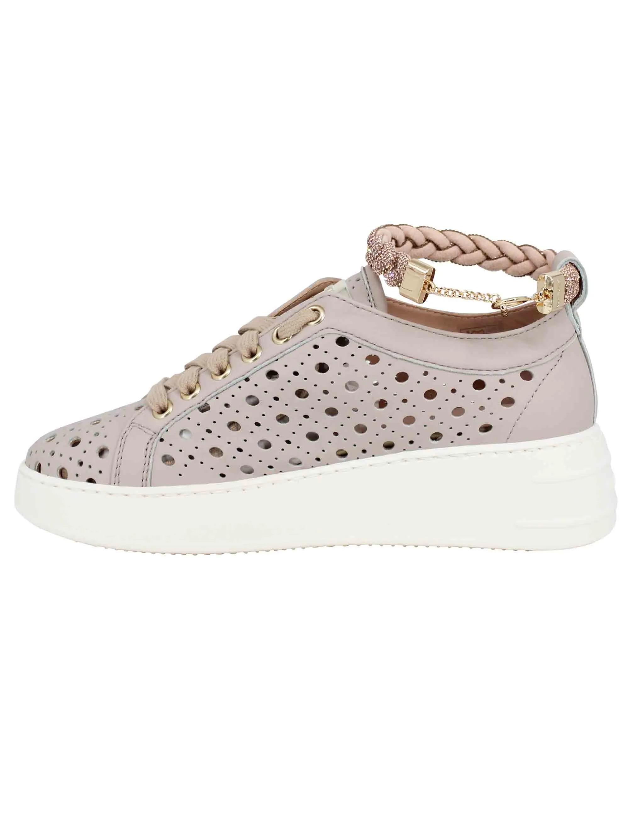 Sneakers donna in pelle forata taupe con cavigliera in strass