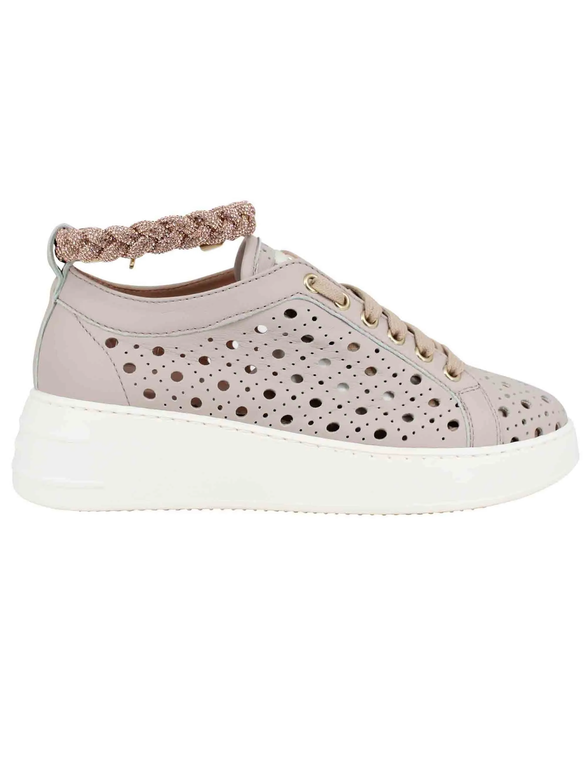 Sneakers donna in pelle forata taupe con cavigliera in strass