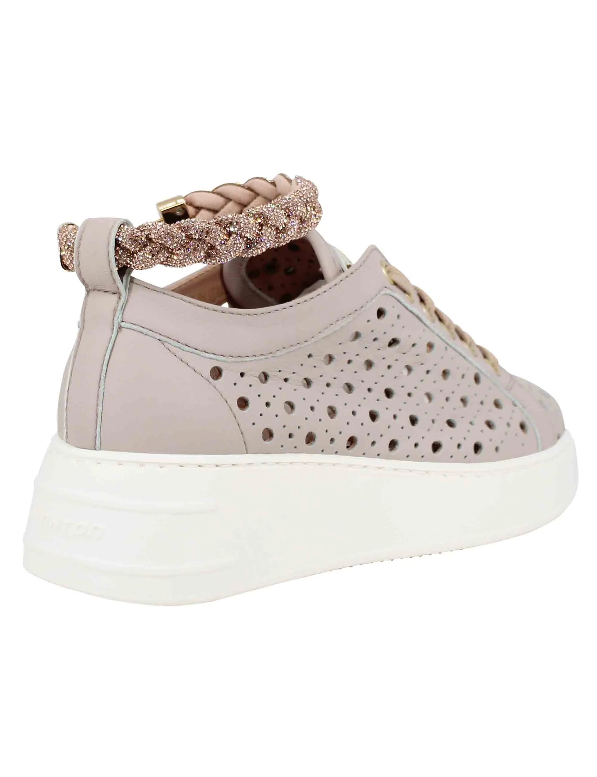 Sneakers donna in pelle forata taupe con cavigliera in strass