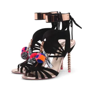 Sophia Webster Black Suede Yasmina Pom Pom Sandals 40.5