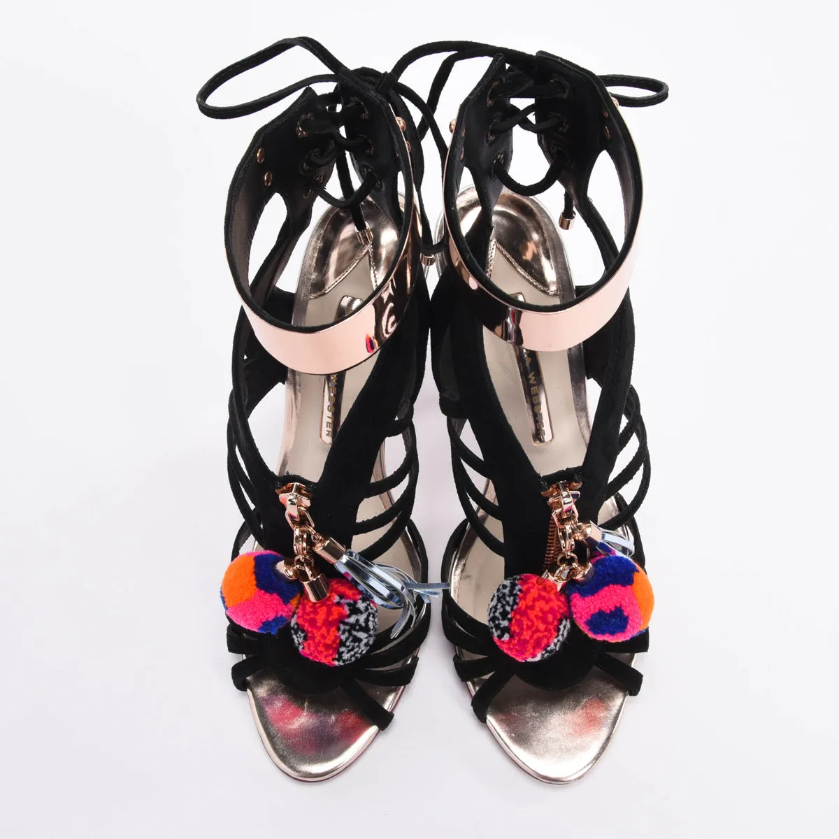 Sophia Webster Black Suede Yasmina Pom Pom Sandals 40.5