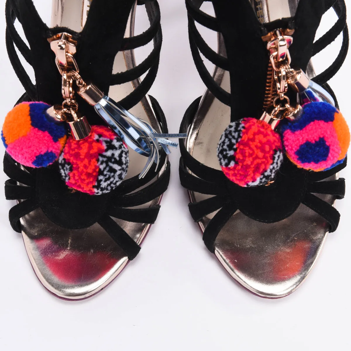 Sophia Webster Black Suede Yasmina Pom Pom Sandals 40.5